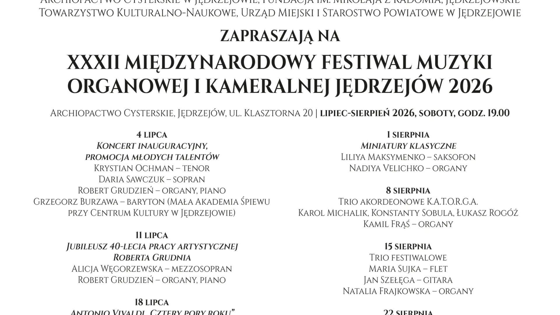 XXXII Międzynarodowy Festiwal Muzyki Organowej i Kameralnej Jędrzejów 2026