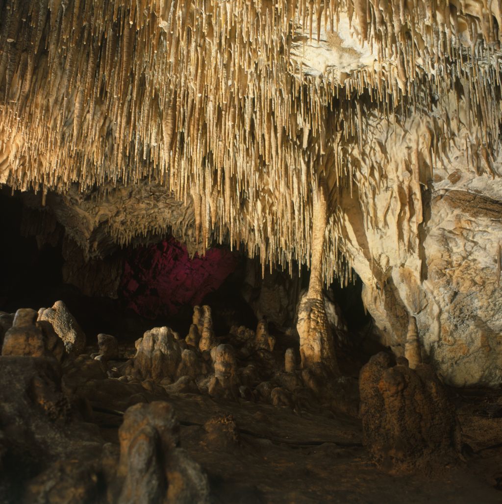 Zwisające stalaktyty w Jaskini Raj